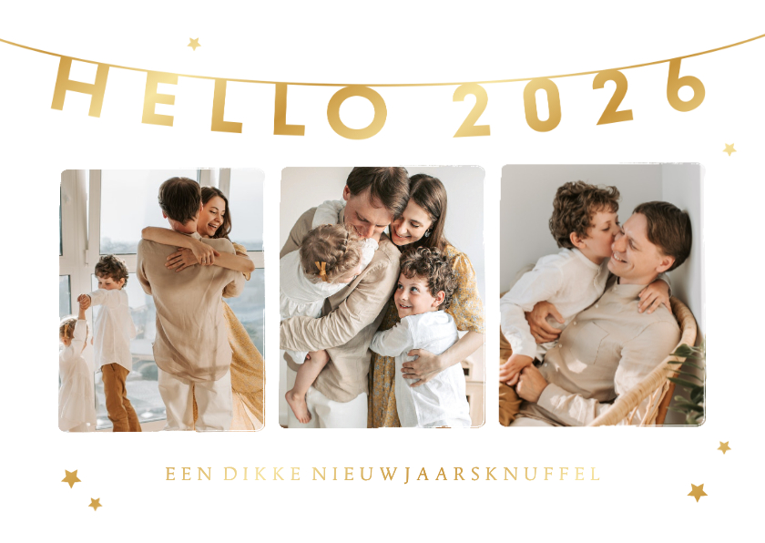 Nieuwjaarskaart Hello 2026 fotocollage gouden sterren - Nieuwjaarskaarten Nieuwjaarskaarten - Nieuwjaarskaart Hello 2026 fotocollage gouden sterren