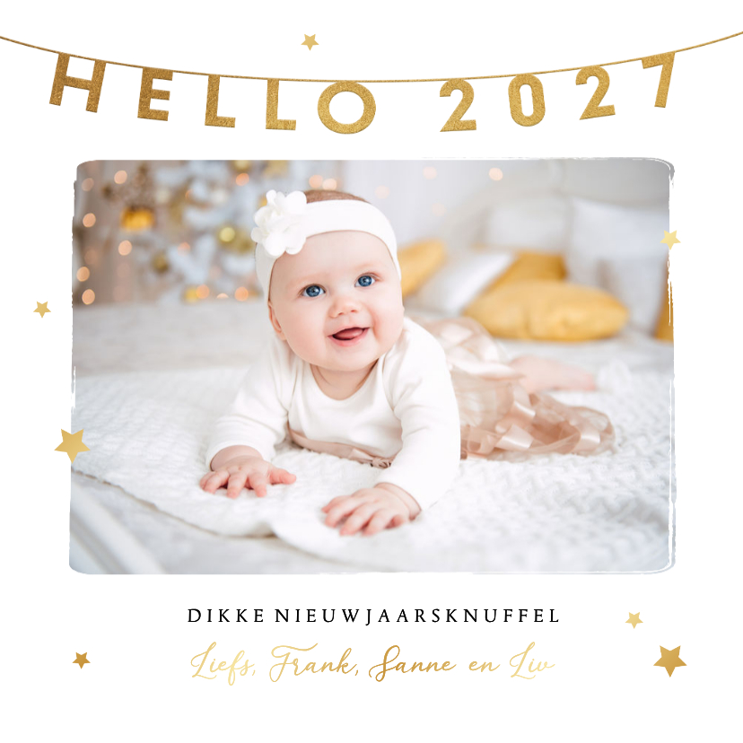 Nieuwjaarskaart hello 2027 foto sterren goud liefde - Nieuwjaarskaarten Nieuwjaarskaarten - Nieuwjaarskaart hello 2027 foto sterren goud liefde