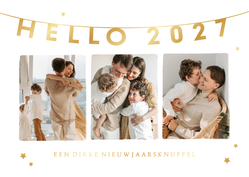 Nieuwjaarskaart Hello 2027 fotocollage gouden sterren - Nieuwjaarskaarten Nieuwjaarskaarten - Nieuwjaarskaart Hello 2027 fotocollage gouden sterren