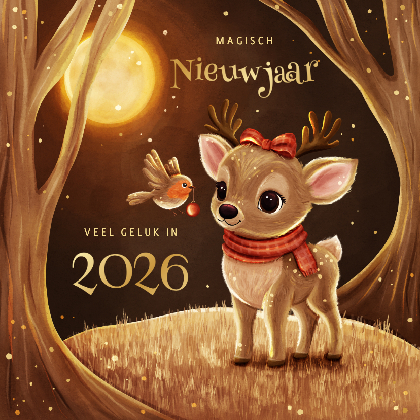 Nieuwjaarskaarten - Nieuwjaarskaart hert met roodborstje in sprankelend bos