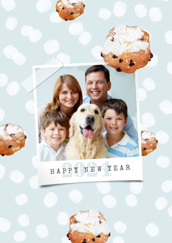 Nieuwjaarskaart hip foto stippen oliebollen - Nieuwjaarskaarten Nieuwjaarskaarten - Nieuwjaarskaart hip foto stippen oliebollen