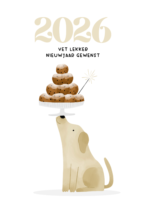 Nieuwjaarskaarten - Nieuwjaarskaart hondje met oliebollen en jaartal 2027