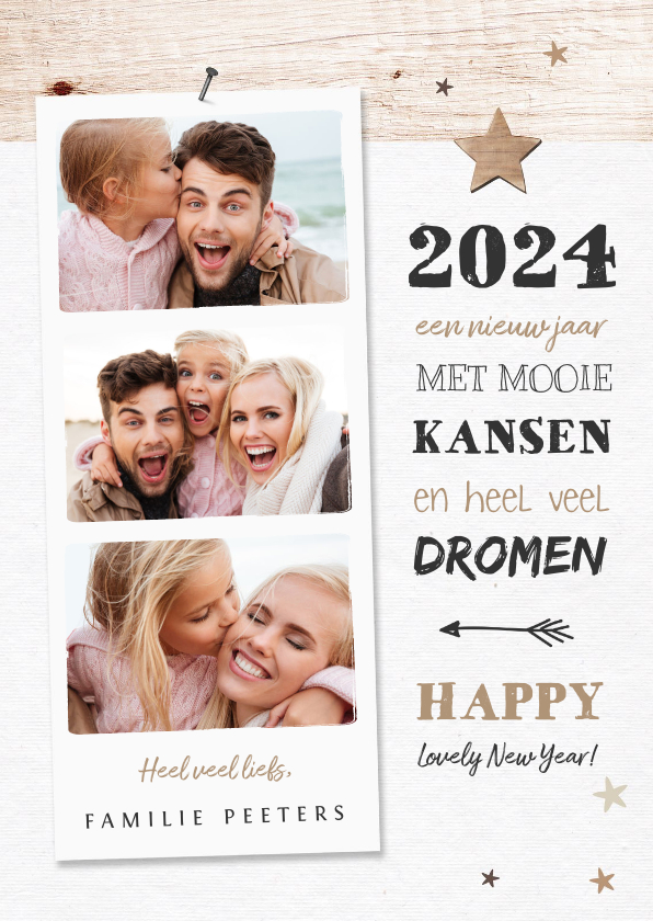 Nieuwjaarskaart houtlook met fotocollage en sterren - Nieuwjaarskaarten Nieuwjaarskaarten - Nieuwjaarskaart houtlook met fotocollage en sterren