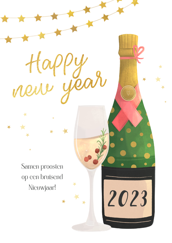 Nieuwjaarskaart illustratie champagne sterren 2023 - Nieuwjaarskaarten Nieuwjaarskaarten - Nieuwjaarskaart illustratie champagne sterren 2023