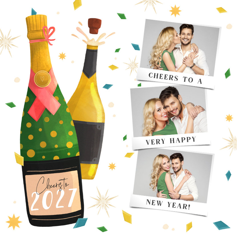 Nieuwjaarskaart illustratie champagneflessen drie foto's - Nieuwjaarskaarten Nieuwjaarskaarten - Nieuwjaarskaart illustratie champagneflessen drie foto's