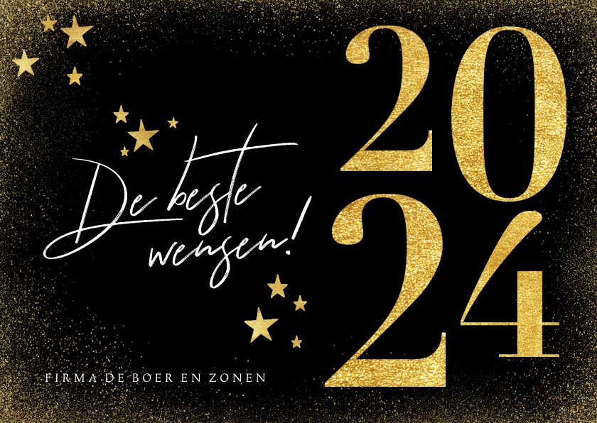 Nieuwjaarskaarten - Nieuwjaarskaart in goud 2023 en sterren zwart stijlvol