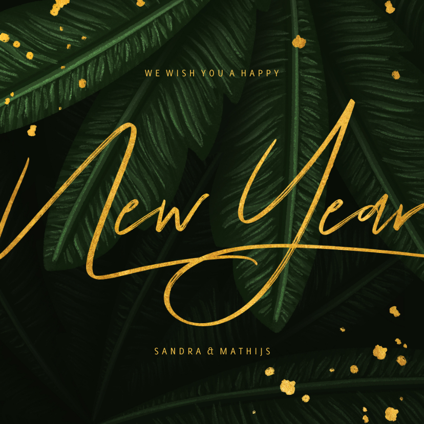 Nieuwjaarskaarten - Nieuwjaarskaart jungle bladeren met gouden New Year