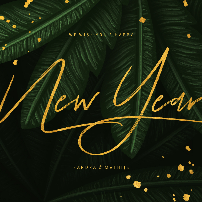 Nieuwjaarskaart jungle bladeren met gouden New Year - Nieuwjaarskaarten Nieuwjaarskaarten - Nieuwjaarskaart jungle bladeren met gouden New Year