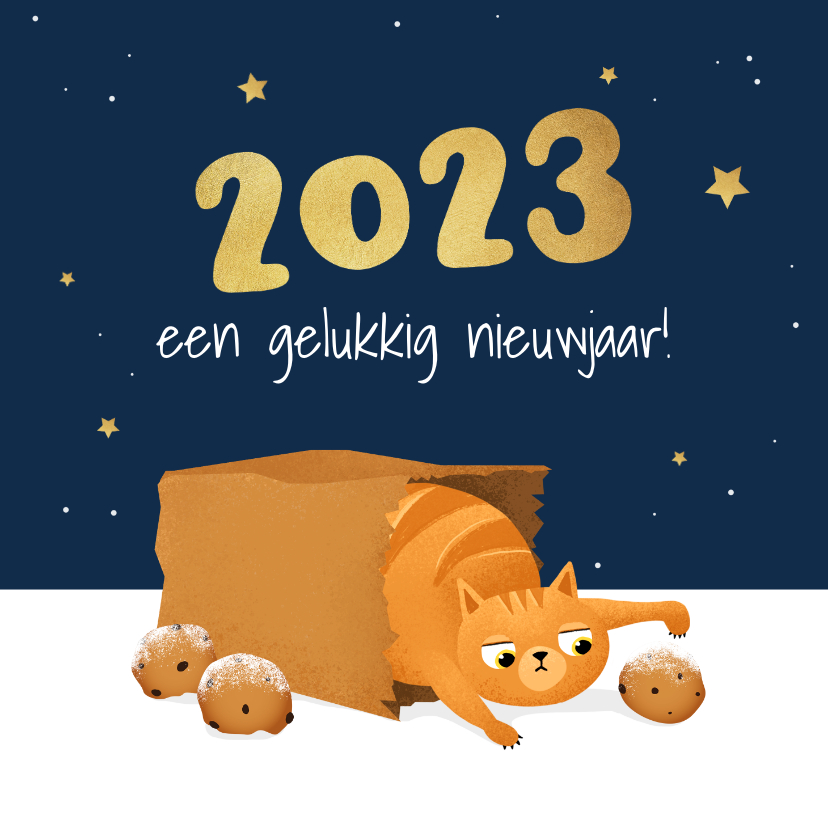 Nieuwjaarskaart kat poes sterren oliebollen illustratie 2023 - Nieuwjaarskaarten Nieuwjaarskaarten - Nieuwjaarskaart kat poes sterren oliebollen illustratie 2023