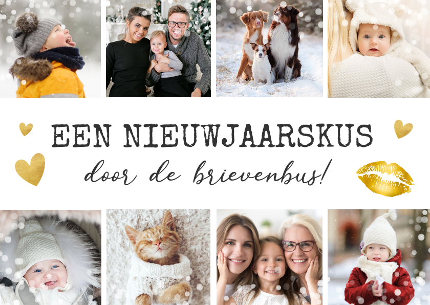 Nieuwjaarskaarten - Nieuwjaarskaart kus brievenbus - fotocollage met 8 foto's
