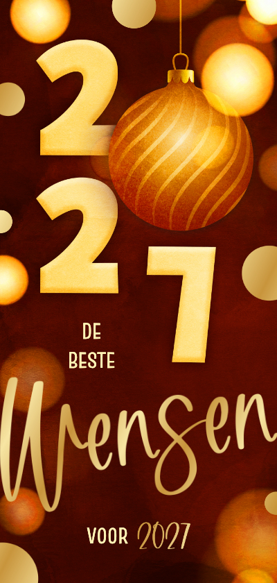 Nieuwjaarskaart langwerpig modern rood 2027 kerstbal goud - Nieuwjaarskaarten Nieuwjaarskaarten - Nieuwjaarskaart langwerpig modern rood 2027 kerstbal goud