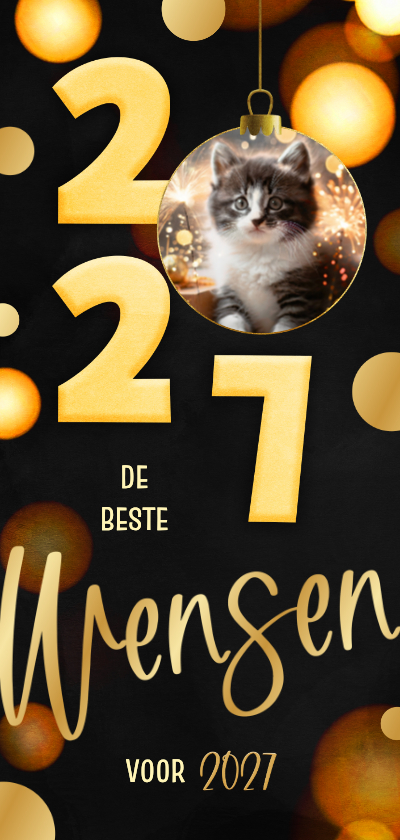 Nieuwjaarskaarten - Nieuwjaarskaart langwerpig zwart 2027 kerstbal goud