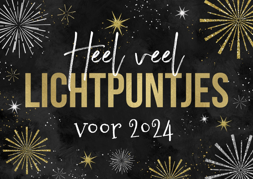 Nieuwjaarskaarten - Nieuwjaarskaart lichtpuntjes vuurwerk sterren oliebol