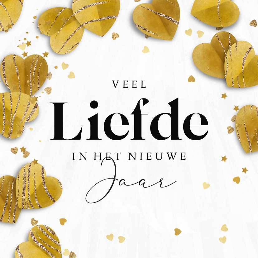 Nieuwjaarskaart liefdevol hartjes confetti goud Kaartje2go