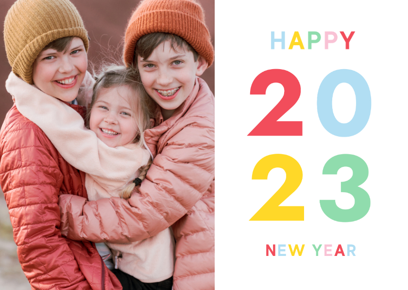 Nieuwjaarskaarten - Nieuwjaarskaart met 2023 in vrolijke kleuren en eigen foto