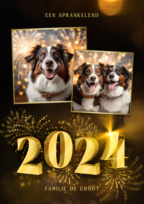 Nieuwjaarskaarten - Nieuwjaarskaart met 2024 3D met 2 foto's en vuurwerk