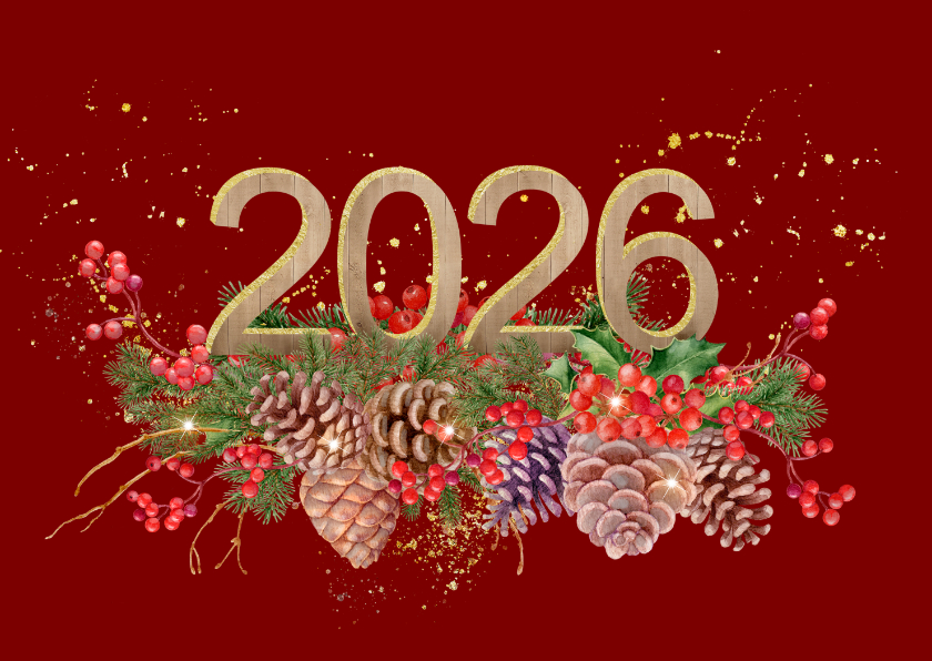 Nieuwjaarskaart met 2026 in hout met goud - Nieuwjaarskaarten Nieuwjaarskaarten - Nieuwjaarskaart met 2026 in hout met goud