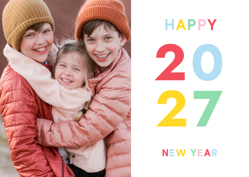 Nieuwjaarskaart met 2027 in vrolijke kleuren en eigen foto - Nieuwjaarskaarten Nieuwjaarskaarten - Nieuwjaarskaart met 2027 in vrolijke kleuren en eigen foto