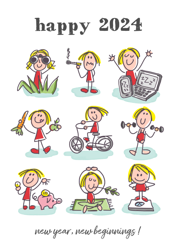 Nieuwjaarskaart met 9 figuurtjes met goede voornemens - Nieuwjaarskaarten Nieuwjaarskaarten - Nieuwjaarskaart met 9 figuurtjes met goede voornemens