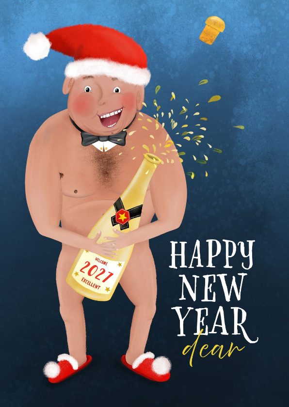 Nieuwjaarskaarten - Nieuwjaarskaart met blote man en champagne