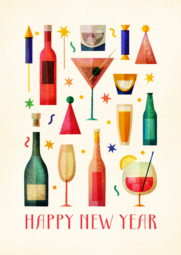 Nieuwjaarskaarten - Nieuwjaarskaart met champagne, drank en glazen