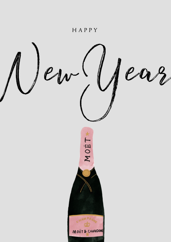 Nieuwjaarskaarten - Nieuwjaarskaart met champagnefles en happy New Year