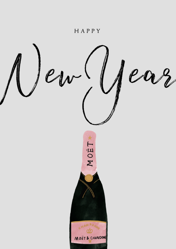 Nieuwjaarskaart met champagnefles en happy New Year - Nieuwjaarskaarten Nieuwjaarskaarten - Nieuwjaarskaart met champagnefles en happy New Year