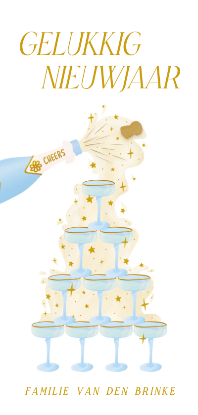 Nieuwjaarskaarten -  Nieuwjaarskaart met champagnetoren wit en lichtblauw