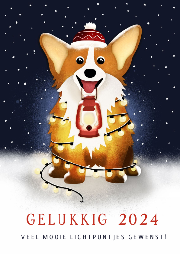 Nieuwjaarskaarten - Nieuwjaarskaart met corgi hond met lampjes in de nacht