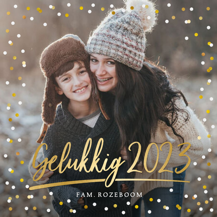 Nieuwjaarskaart met eigen foto, gouden 2023 en confetti - Nieuwjaarskaarten Nieuwjaarskaarten - Nieuwjaarskaart met eigen foto, gouden 2023 en confetti