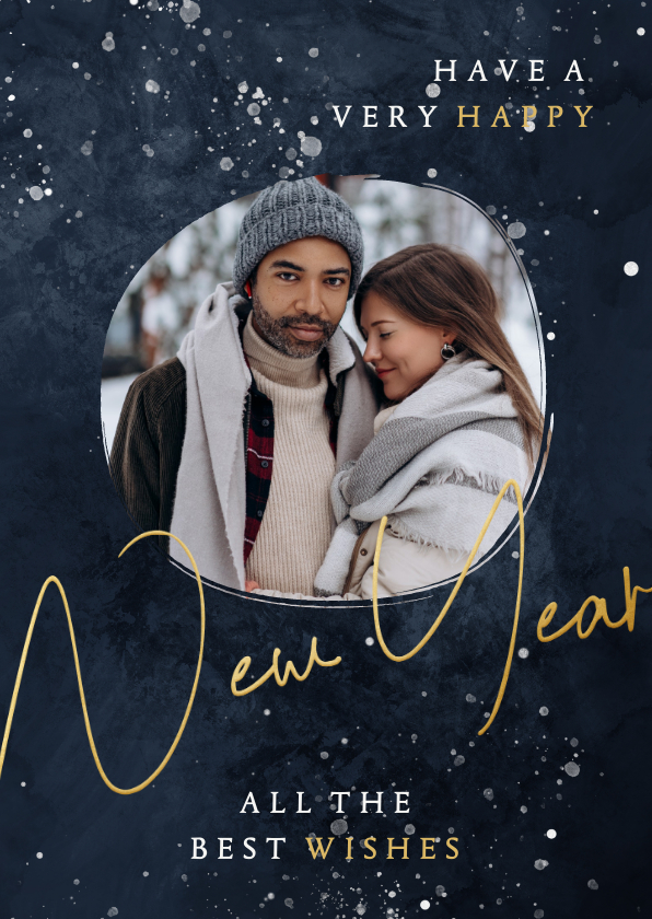 Nieuwjaarskaarten - Nieuwjaarskaart met foto donkerblauw New Year in goudlook
