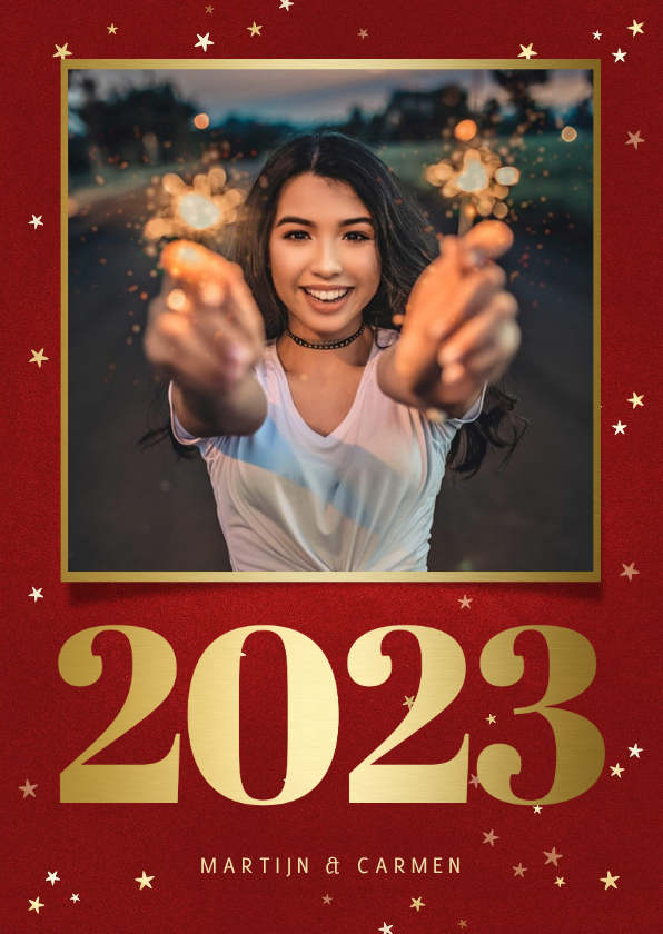 Nieuwjaarskaart met foto, gouden 2023 en sterren - Nieuwjaarskaarten Nieuwjaarskaarten - Nieuwjaarskaart met foto, gouden 2023 en sterren