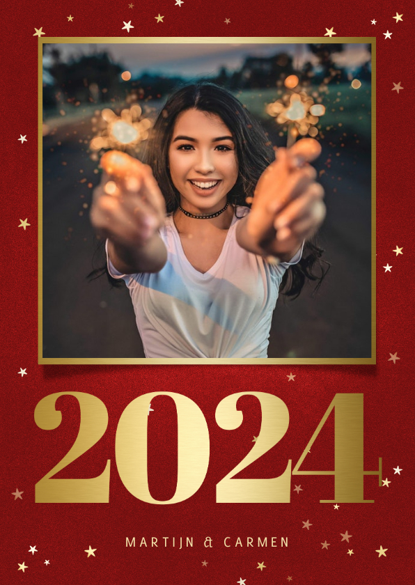 Nieuwjaarskaarten - Nieuwjaarskaart met foto, gouden 2024 en sterren
