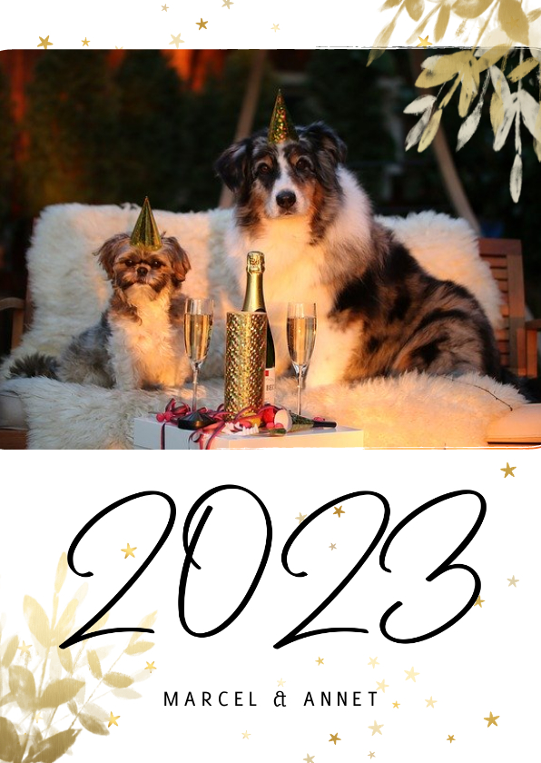Nieuwjaarskaarten - Nieuwjaarskaart met foto, gouden sterren en 2023