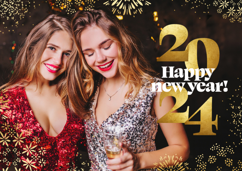 Nieuwjaarskaarten - Nieuwjaarskaart met foto gouden vuurwerk 2024 cijfers