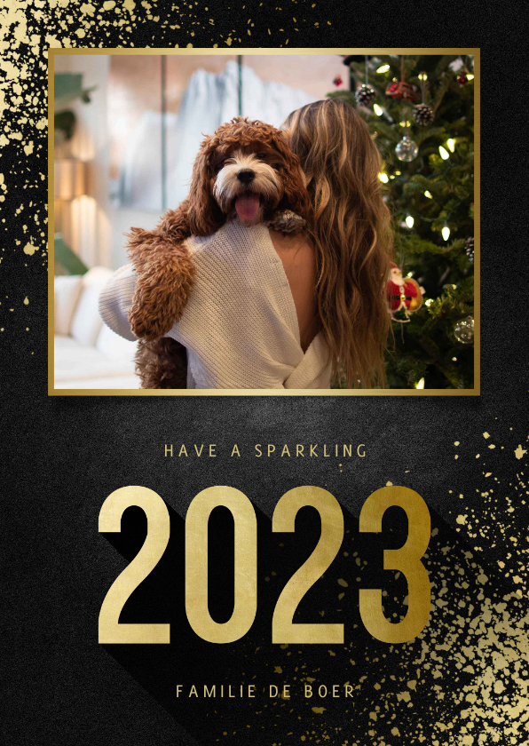 Nieuwjaarskaart met foto goudlook 2023 en spetters - Nieuwjaarskaarten Nieuwjaarskaarten - Nieuwjaarskaart met foto goudlook 2023 en spetters