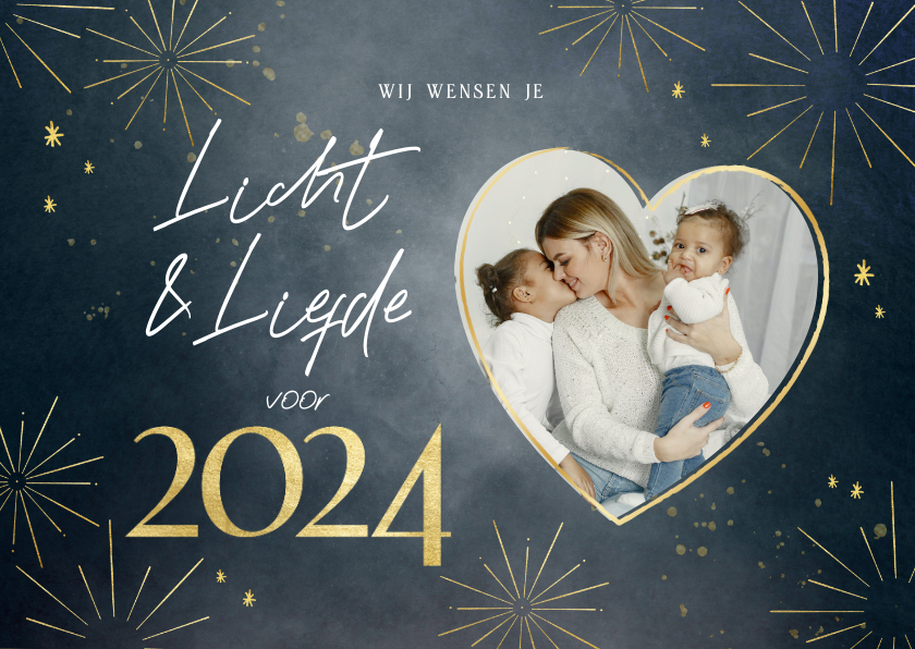 Nieuwjaarskaarten - Nieuwjaarskaart met foto licht liefde goud vuurwerk 2024