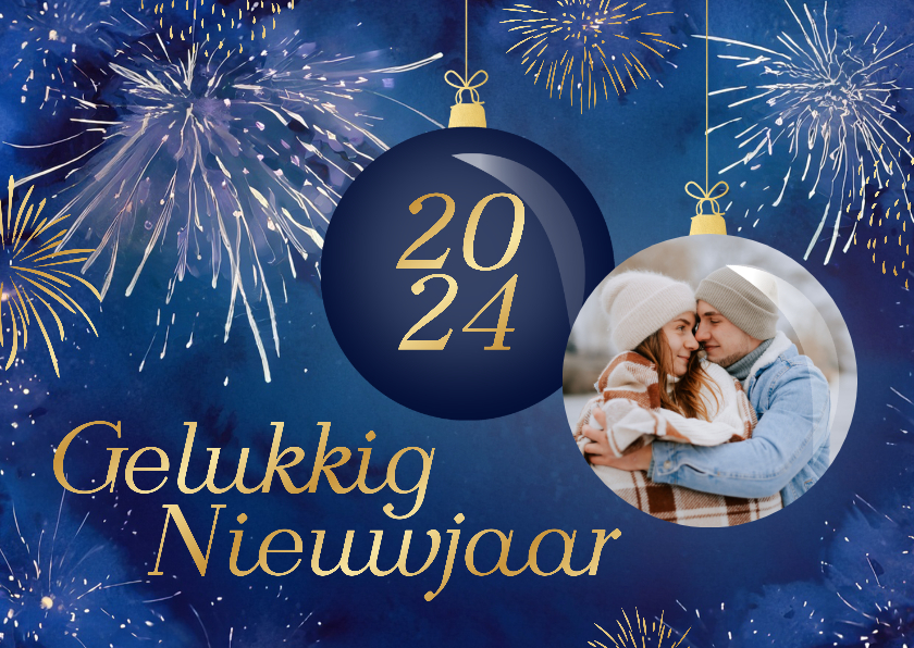 Nieuwjaarskaarten - Nieuwjaarskaart met geschilderd vuurwerk kerstbal en foto