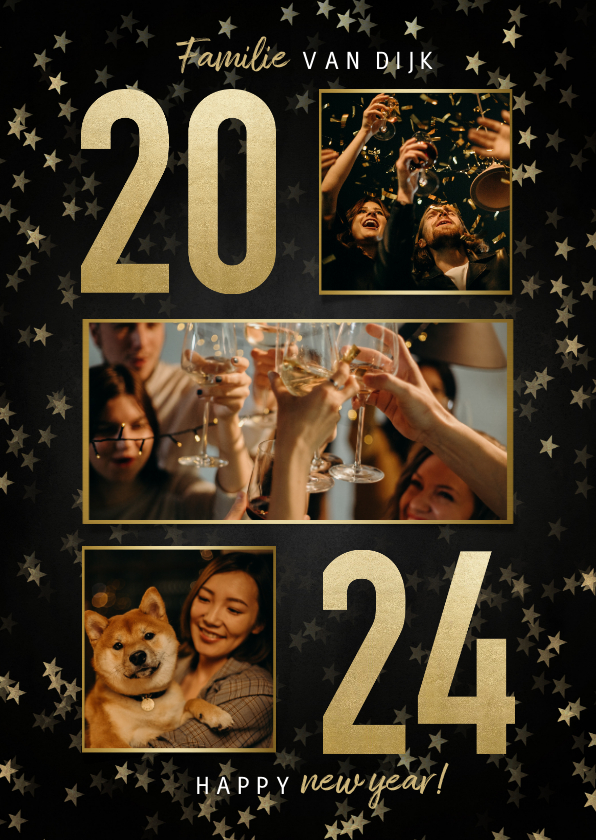 Nieuwjaarskaarten - Nieuwjaarskaart met gouden 2024 sterren en fotocollage