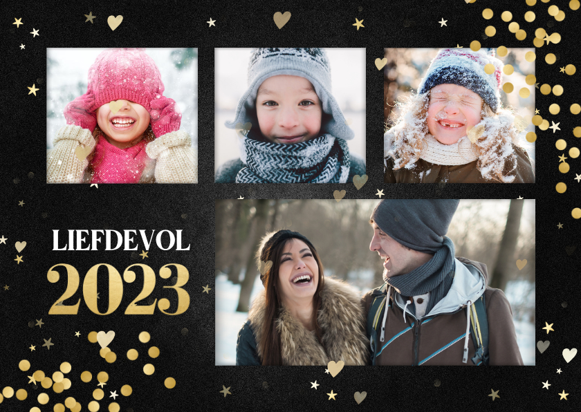 Nieuwjaarskaart met gouden confetti en 4 foto's - Nieuwjaarskaarten Nieuwjaarskaarten - Nieuwjaarskaart met gouden confetti en 4 foto's