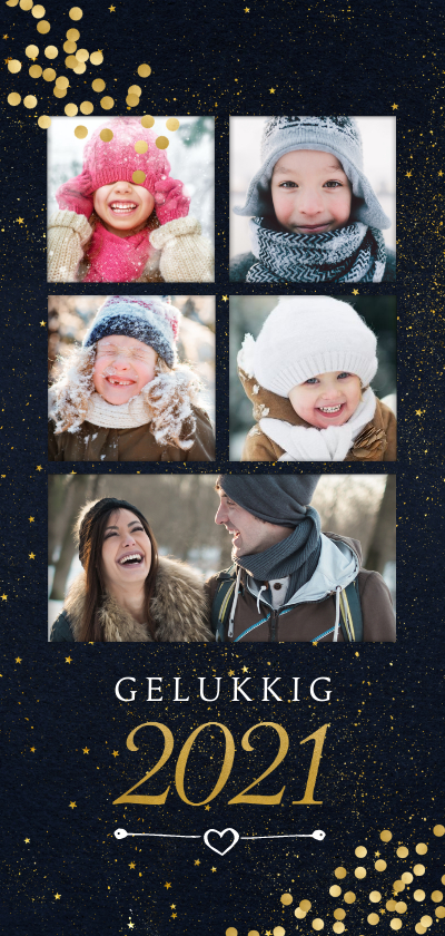 Nieuwjaarskaart met gouden confetti en 5 foto's - Nieuwjaarskaarten Nieuwjaarskaarten - Nieuwjaarskaart met gouden confetti en 5 foto's