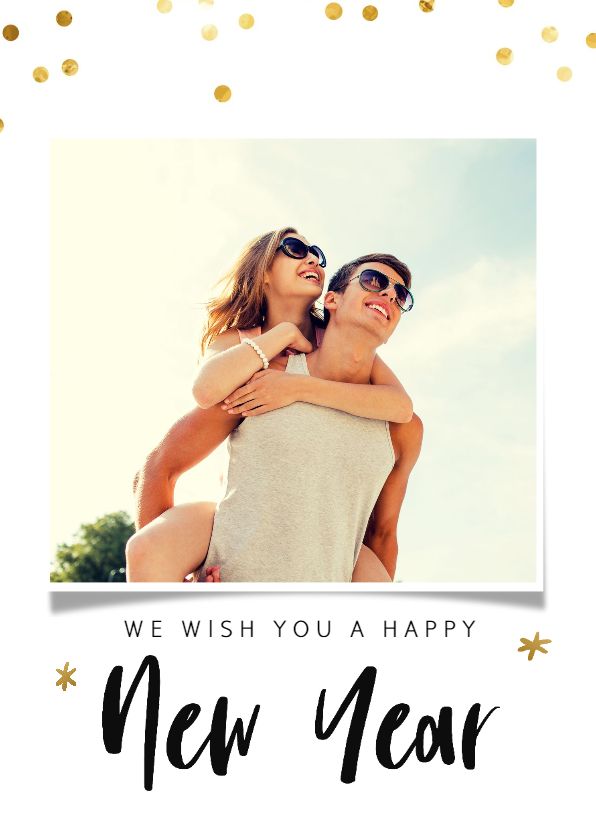Nieuwjaarskaart met gouden confetti en foto - Nieuwjaarskaarten Nieuwjaarskaarten - Nieuwjaarskaart met gouden confetti en foto