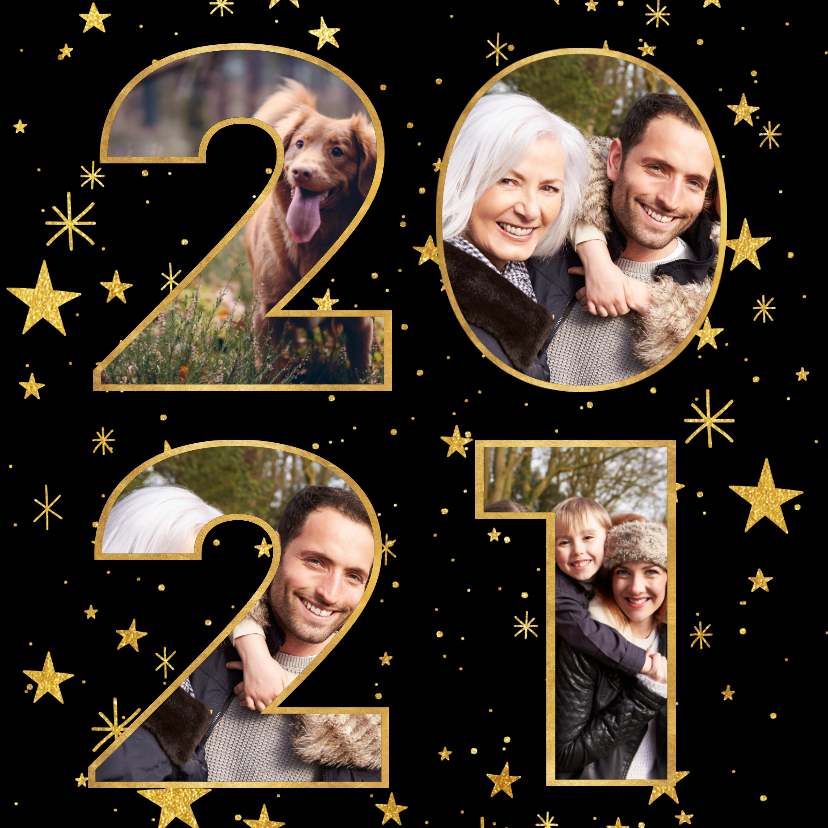 Nieuwjaarskaart met gouden sterren en 2020 fotocollage - Nieuwjaarskaarten Nieuwjaarskaarten - Nieuwjaarskaart met gouden sterren en 2020 fotocollage