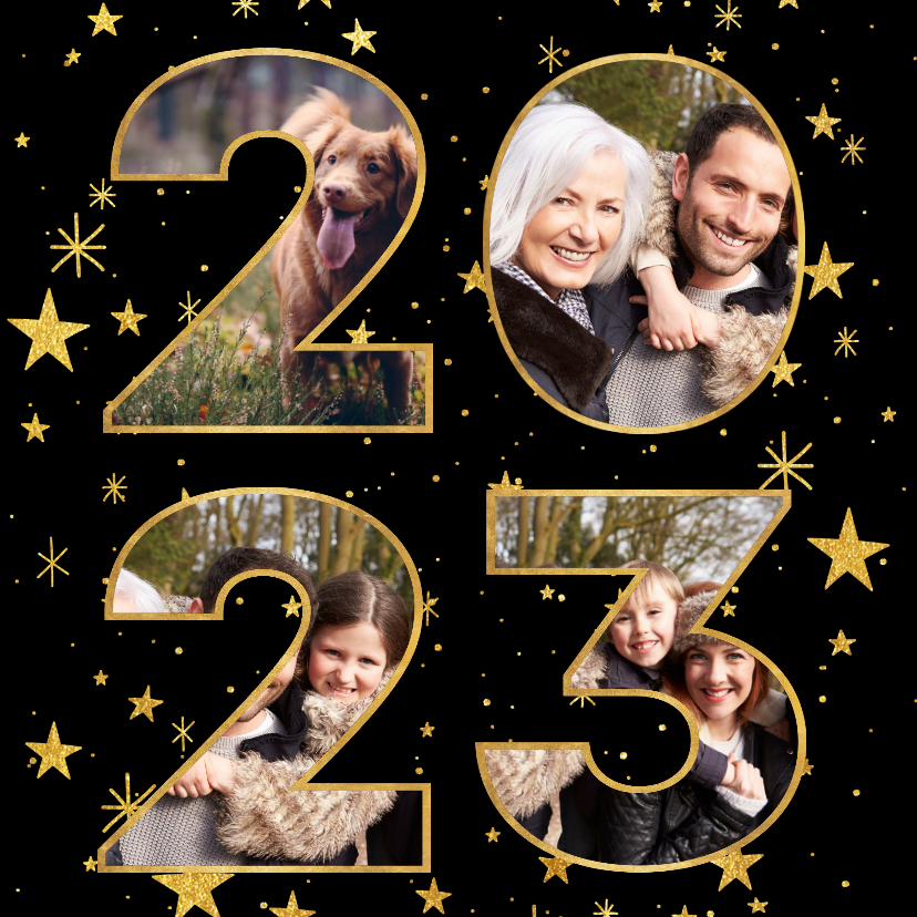 Nieuwjaarskaarten - Nieuwjaarskaart met gouden sterren en 2023 fotocollage