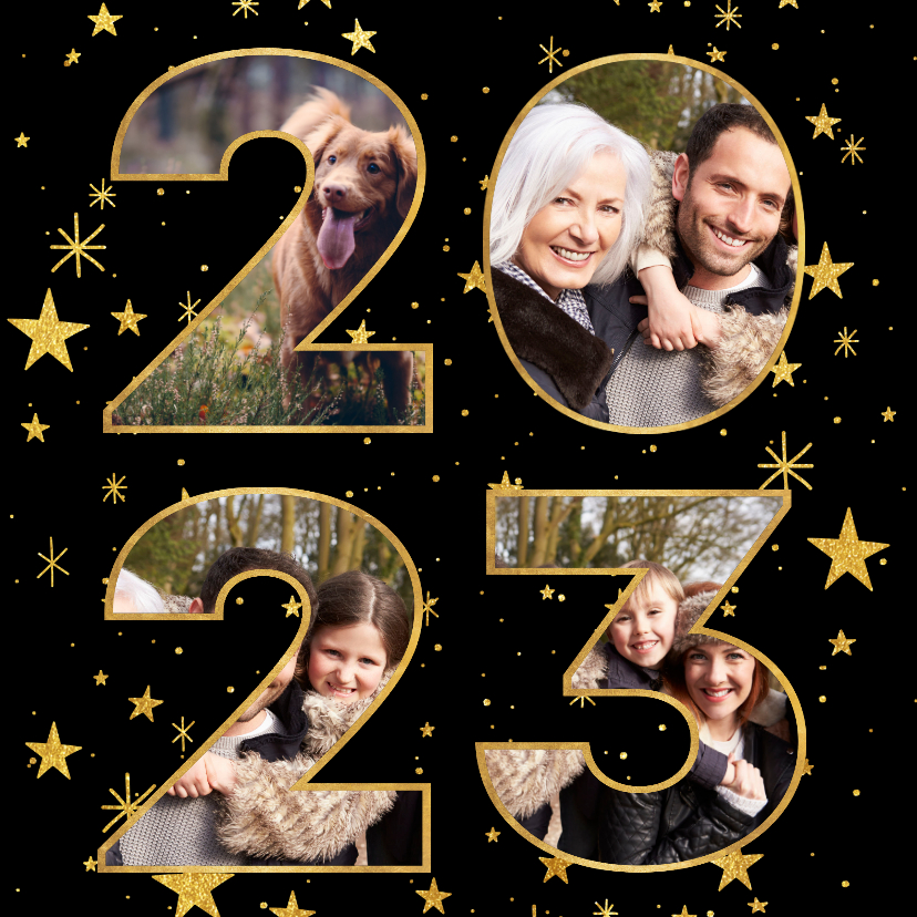 Nieuwjaarskaart met gouden sterren en 2023 fotocollage - Nieuwjaarskaarten Nieuwjaarskaarten - Nieuwjaarskaart met gouden sterren en 2023 fotocollage