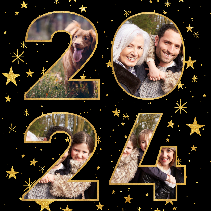 Nieuwjaarskaarten - Nieuwjaarskaart met gouden sterren en 2024 fotocollage