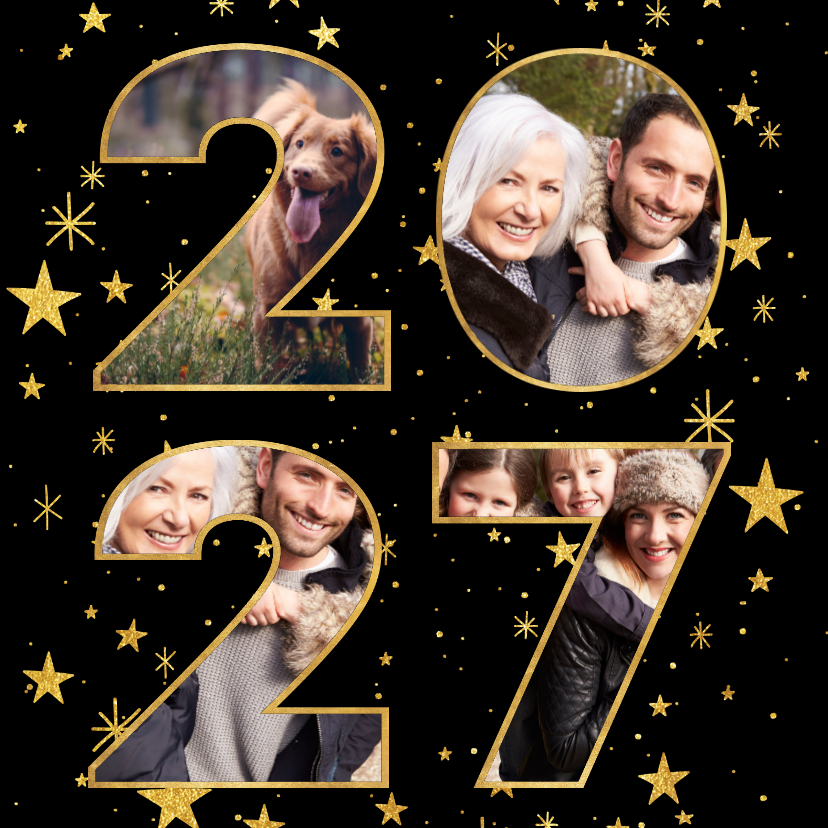 Nieuwjaarskaart met gouden sterren en 2027 fotocollage - Nieuwjaarskaarten Nieuwjaarskaarten - Nieuwjaarskaart met gouden sterren en 2027 fotocollage