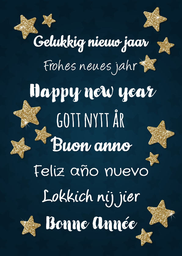 Nieuwjaarskaart met 'happy new year' in diverse talen - Nieuwjaarskaarten Nieuwjaarskaarten - Nieuwjaarskaart met 'happy new year' in diverse talen