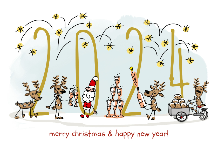 Nieuwjaarskaarten - Nieuwjaarskaart met herten kerstman champagne en vuurwerk