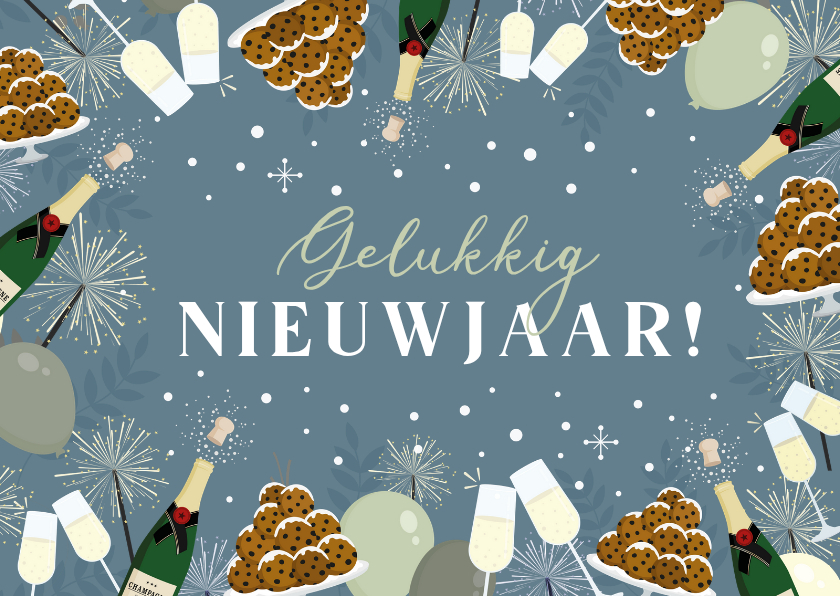 Nieuwjaarskaart met illustraties van champagne en oliebollen - Nieuwjaarskaarten Nieuwjaarskaarten - Nieuwjaarskaart met illustraties van champagne en oliebollen